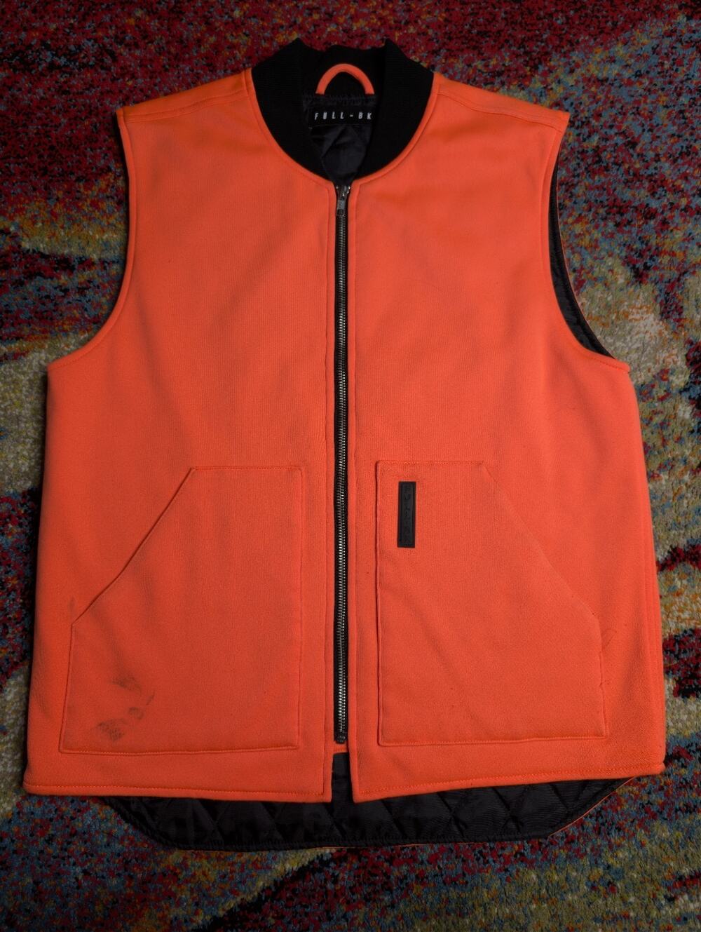 FULL-BK Orange Black Quilted Mid-Length Zip Vest Men Logo Casual